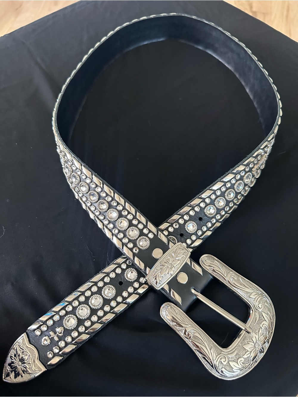 Kippys Black Belt with Silver Rhinestones and Engraved Western Buckle